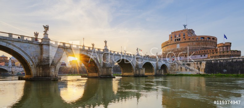 Picture of Holy Angel Bridge over the Tiber River in Rome at sunset